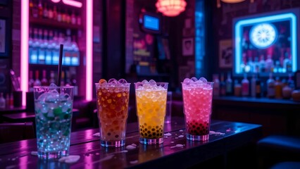 Trendy bubble tea setup with neon lighting, glowing tapioca pearls in dark setting, moody and colorful aesthetic.