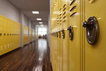 Yellow Lockers in Empty School Hallway