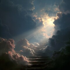 A glowing golden staircase ascends into radiant clouds, bathed in divine light, symbolizing the path to heaven in a surreal, peaceful scene.