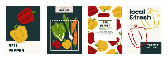 Fresh bell pepper illustration. Simple posters with organic vegetable for farmers market advertising. Vector templates with copyspace. Set of harvested vegetables in minimal hand drawn and flat style.