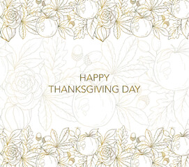 Happy Thanksgiving Day Banner. Seamless Fall Border Frame. Horizontal Fall Background. Autumn Line Art Drawing. Fall Flower Design. Border Frame