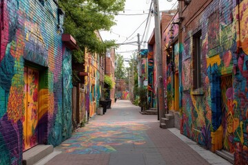 Fototapeta premium Vibrant street art transforms a city alley into a colorful canvas.