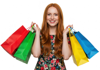 Happy woman with shopping bags on transparent background
