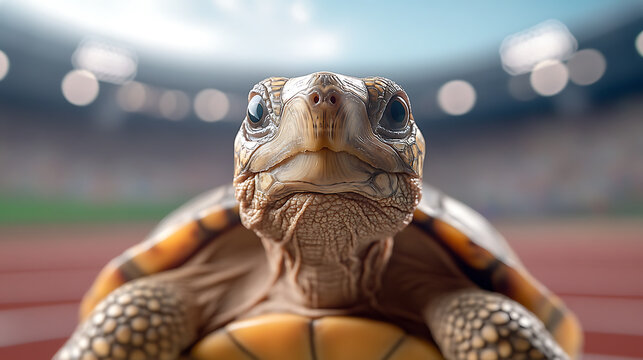 Determined turtle competes on a running track, symbolising perseverance and the pursuit of goals, slow and steady. The tortoise is at the stadium.
