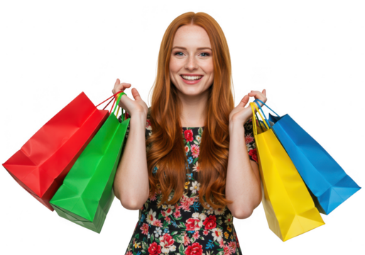 Happy woman with shopping bags on transparent background