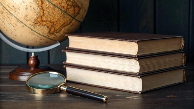 A classic desktop still life featuring a stack of vintage books, an antique magnifying glass with a brass frame, and a traditional globe, all resting on a dark wooden surface