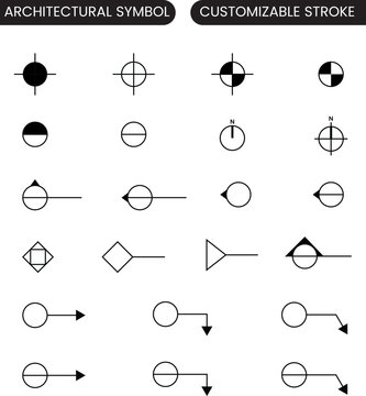 Architectural icon set, elevation marker, detail number, north point, wall section, partition, customizable stroke, vector, illustration