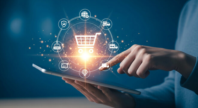 Hands using tablet, glowing shopping cart icon and delivery symbols displayed, representing online shopping, global commerce, and digital technology