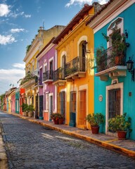 Fototapeta premium Vibrant street scene with colorful colonial buildings.