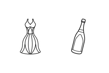 Elegant dress and champagne bottle line art drawing