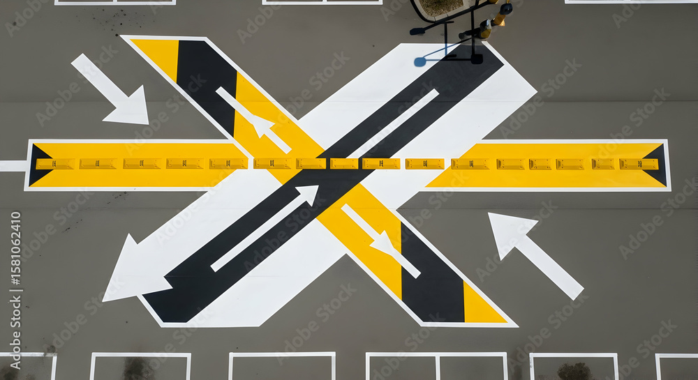 Poster abstract aerial view of traffic guidance markings with arrows and lines on asphalt surfaces