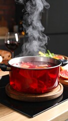Red pot of steaming hot drink on stove