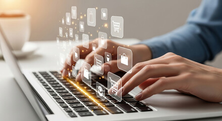 Hands typing on laptop keyboard with shopping icons hovering above, showcasing online shopping, e-commerce, and digital marketing concepts