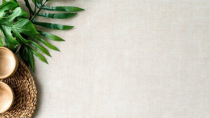 A serene tabletop arrangement featuring wooden bowls and lush green leaves on a neutral linen background