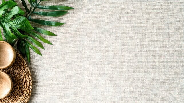 A serene tabletop arrangement featuring wooden bowls and lush green leaves on a neutral linen background