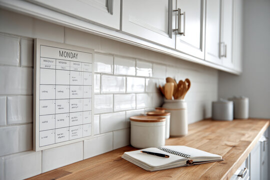 Bright kitchen featuring a weekly calendar, cooking utensils in containers, and a notebook on a wooden surface