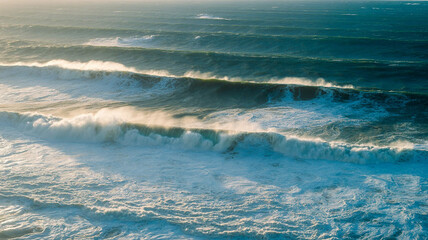 Fototapeta premium Aerial views over crashing sea waves on rocking ocean crop