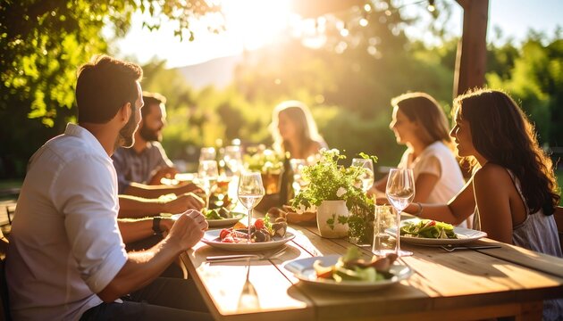 Friends enjoying a meal outdoors under a sunny canopy