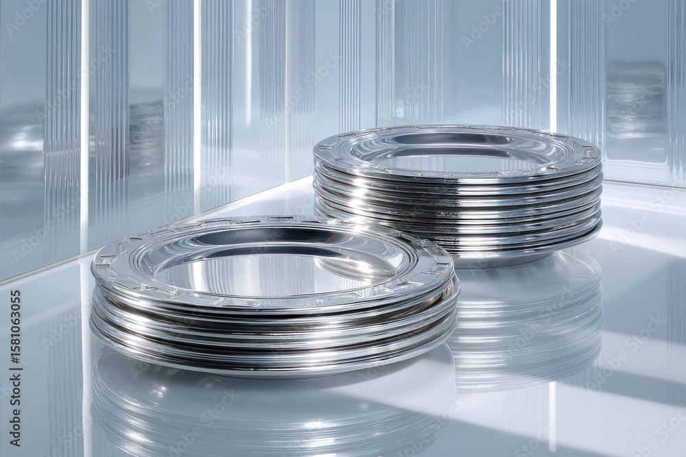 Aufkleber two stacks of shiny metallic discs rest on a smooth, reflective surface in a contemporary, illuminat
