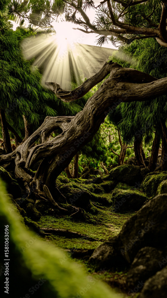 Poster a winding path through a mossy forest with sunlight streaming through the canopy above