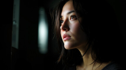 Cinematic Silhouette of Asian Woman's Profile in Deep Shadow, Melancholic Expression in Dark Living Room with Stark Lighting