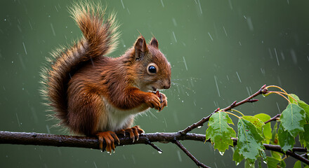 Cute red squirrel sits on the tree