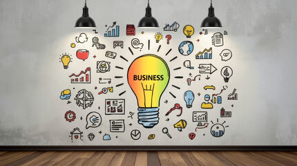 Colorful lightbulb sketch doodle on grey concrete wall, colorful light bulb doodle at the center, surrounded by a chaotic yet cohesive array of smaller, hand-drawn icons related to business