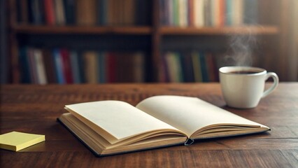 Fototapeta premium Bathed in soft, inviting light, an open book with empty pages lies on a rustic wooden table, accompanied by a white mug of hot beverage and yellow adhesive notes