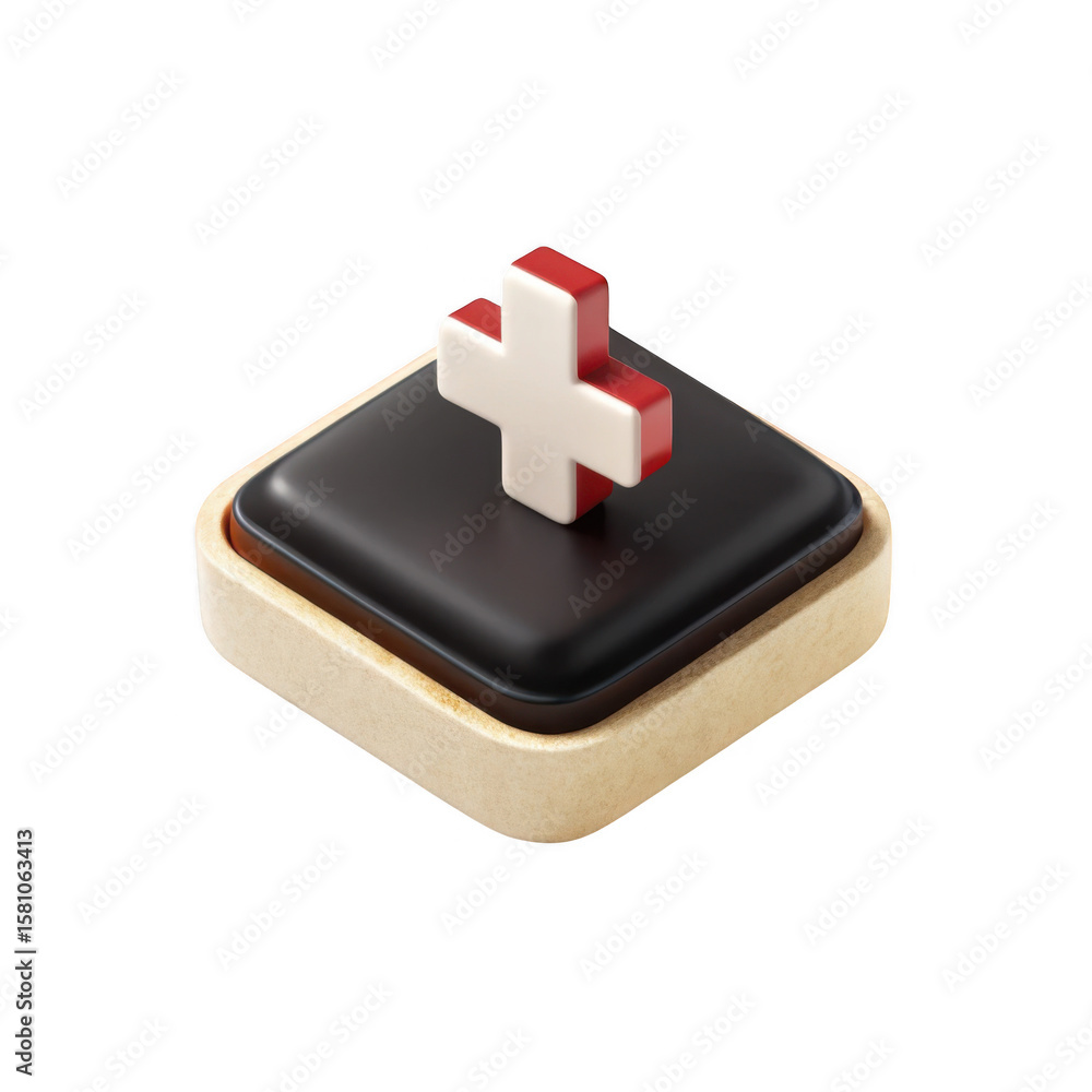 Fototapete a 3d rendered isometric view of a white and red cross symbol on a dark square button with a textured