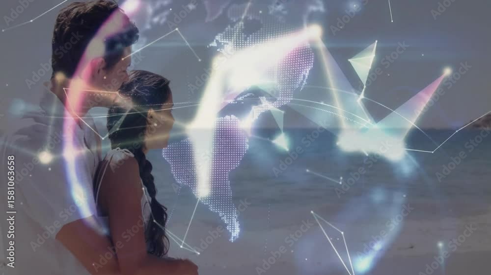 Poster couple embracing watching nodes forming globe at beach woman pointing exploring global network data