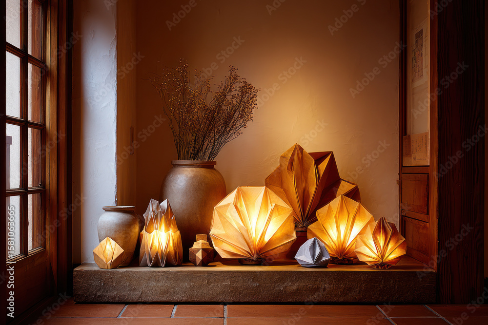 Poster soft, warm light emanates from unique paper sculptures, creating an inviting atmosphere in a tranqui