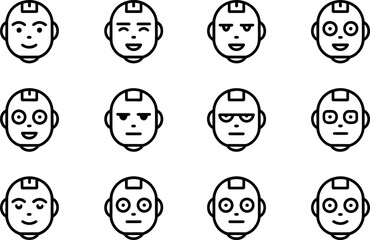 Twelve diverse robot head icons:  AI expressions, line art, friendly mood.