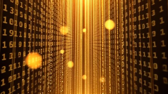 Dynamic Digital Data Stream: Binary Code Flowing Through Golden Light