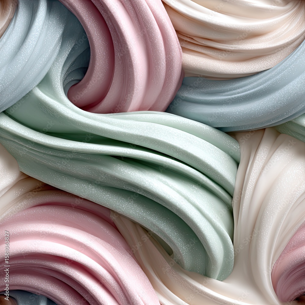 Poster soft cream waves flow over a pastel canvas, blending light pink and blue tones with elegant curves t