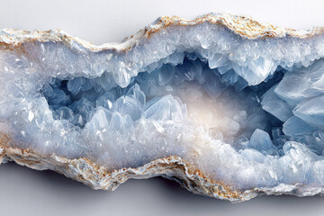 Obraz premium A beautiful blue agate geode reveals sharp crystals beneath its surface, bathed in soft natural light