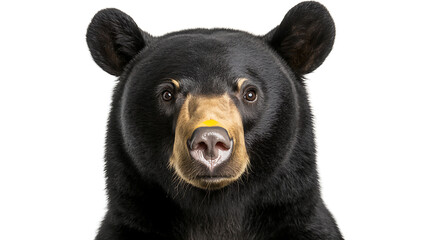 Fototapeta premium Portrait of a black bear looking directly at the camera against a white background. The bear is black with a light tan muzzle and nose.