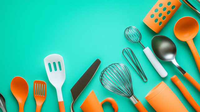 Silverware icon set with spoon and fork utensils on a blue background for restaurant menu design - Powered by Adobe
