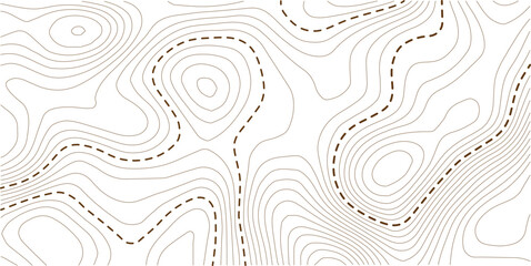  Vector contour map in minimal design. Brown dashed lines highlight elevation and landform. Useful for geospatial, educational, and environmental content.
