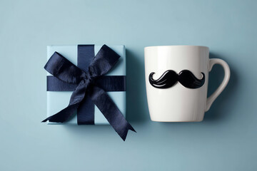 A red ribbon and bow gift box next to a mug of coffee suggests a holiday or Valentine's celebration