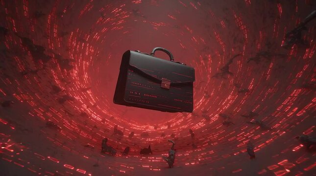 Neon Binary Briefcase Adrift in a Cyber Storm of Glowing Red Data Streams