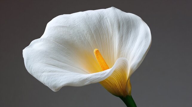 Elegant calla lily with a bright yellow spadix and a creamy white spathe, captured in a soft, neutral light. Floral beauty in simple form.