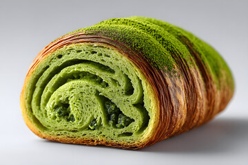 matcha green tea croissant bread with flaky layered crust with green tea cream filling, Japanese-French pastry bakery.