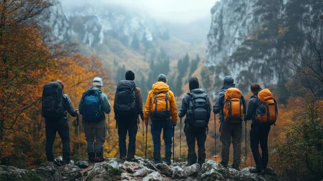 Group of backpackers admire mountain view in fall foliage.