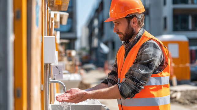 Construction worker wearing safety gear washing hands at outdoor portable sink, hygiene protocol at job site. Concept of occupational health and safety practices.
