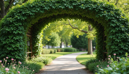 Fototapeta premium Garden arbor with ivy and winding stone path through sunlit park. Garden arbor with ivy offers idyllic entry to lush green space, dotted with pink flowers beneath verdant canopy.