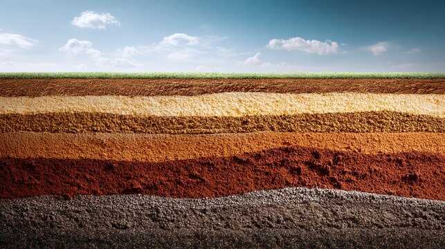 Illustrated cross-section of soil displaying layers of earth beneath a green field and blue sky, showing different soil compositions and colors.