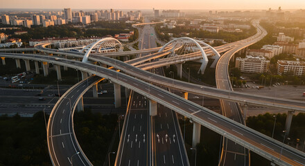 Aerial view of a complex highway interchange at golden hour in a modern city