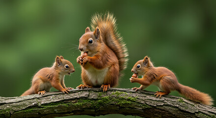 Cute red squirrel sits on the tree