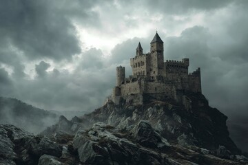 A majestic medieval castle perched atop a rocky cliff, shrouded in a dramatic, stormy sky.