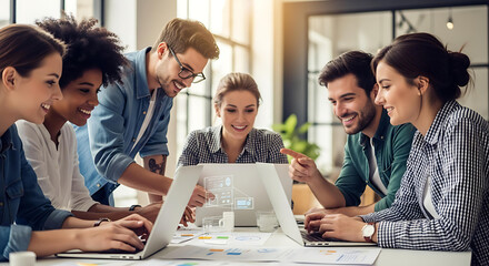 Diverse group of young professionals collaborating on a project, brainstorming ideas and working together on laptops in a modern office setting.